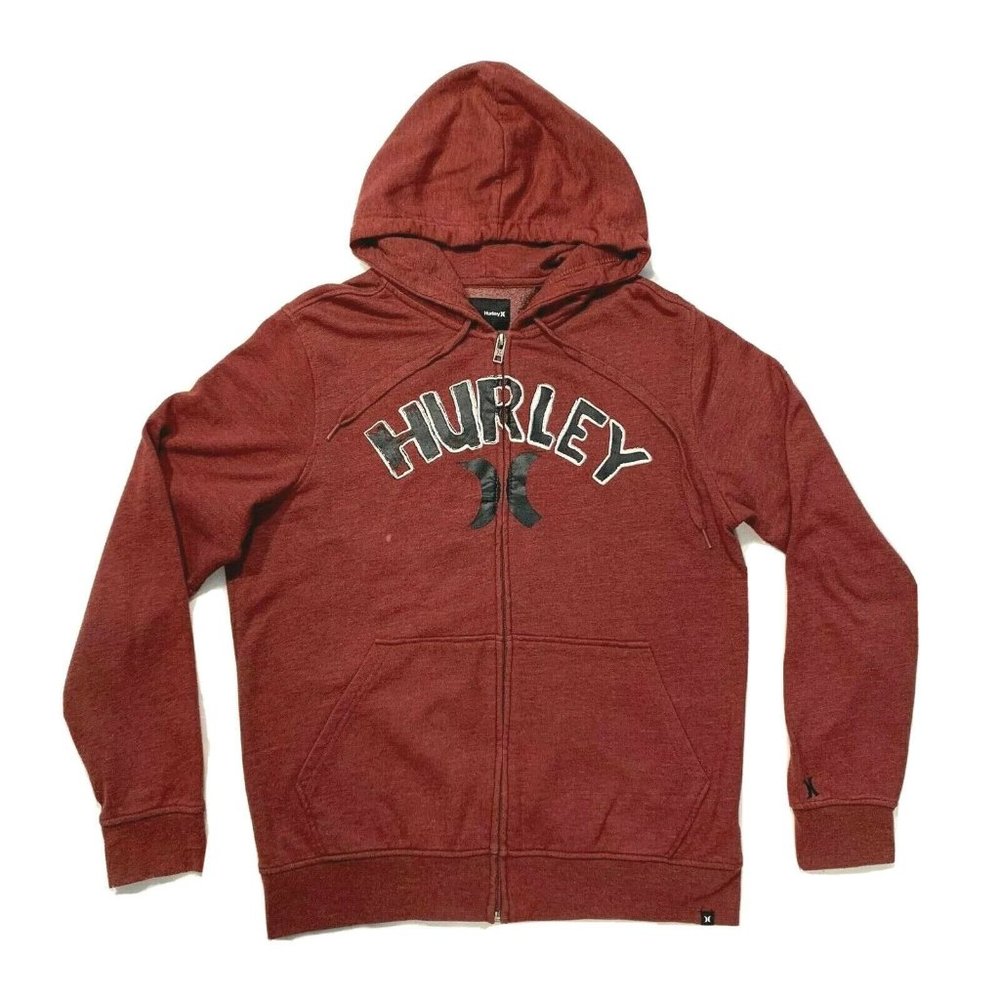 Hurley Full Zip Hoodie Jacket Sweatshirt Fleece Lined Spell Out Graphic‎ Brown S